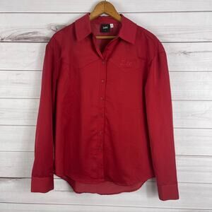 ANTHROPOLOGIE LEE Embroidered Red Satin Feel‎ Button Down Long Sleeve Small